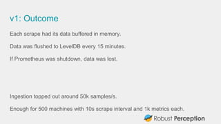 v1: Outcome
Each scrape had its data buffered in memory.
Data was flushed to LevelDB every 15 minutes.
If Prometheus was s...
