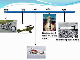 1867 1940 1969 
First manned 
Mission to the 
moon 
1981 
The first space shuttle 
1903 
 