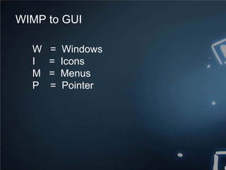 WIMP to GUI
W = Windows
I = Icons
M = Menus
P = Pointer