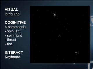 VISUAL
intriguing
COGINITIVE
4 commands
- spin left
- spin right
- thrust
- fire
INTERACT
Keyboard
 