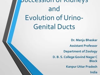 Succession of Kidneys
and
Evolution of Urino-
Genital Ducts
Dr. Manju Bhaskar
Assistant Professor
Department of Zoology
D. B. S. College Govind Nagar C
Block
Kanpur Uttar Pradesh
India
 