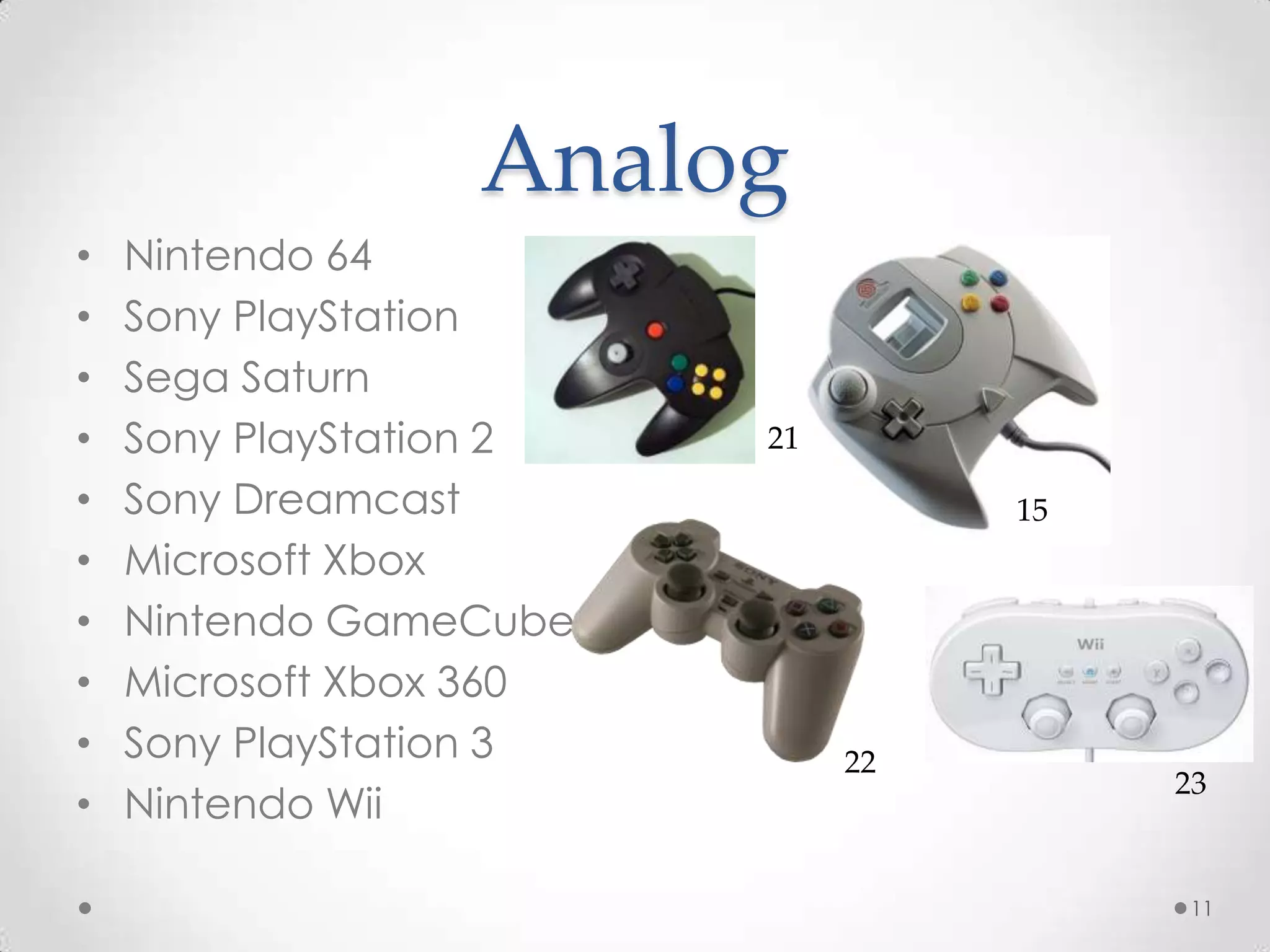 AnalogNintendo 64Sony PlayStationSega SaturnSony PlayStation 2Sony DreamcastMicrosoft XboxNintendo GameCubeMicrosoft Xbox 360Sony PlayStation 3Nintendo Wii1121152223