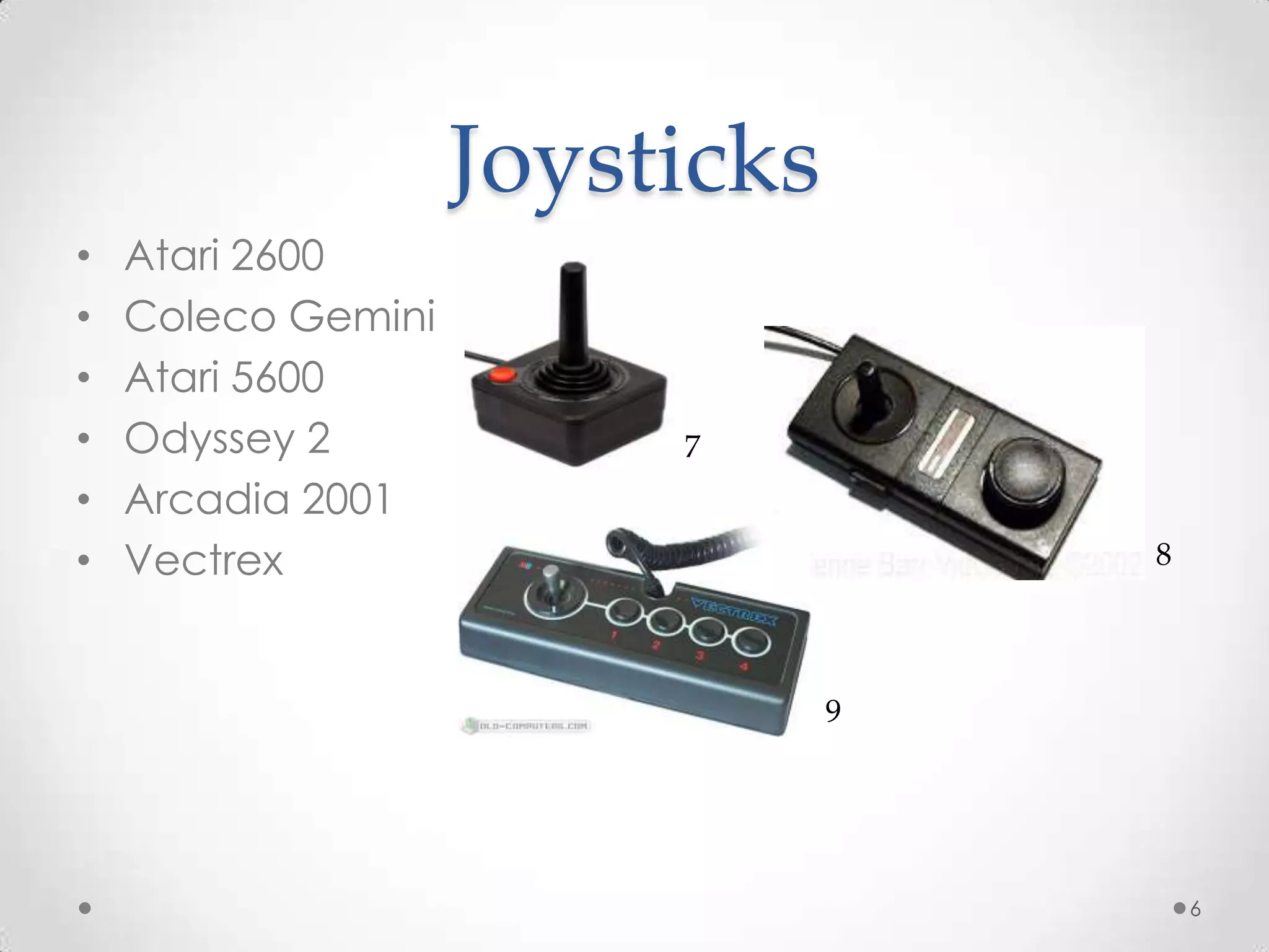 JoysticksAtari 2600Coleco GeminiAtari 5600Odyssey 2Arcadia 2001Vectrex6789