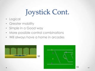 Joystick Cont.LogicalGreater mobilitySimple in a Good wayMore possible control combinationsWill always have a home in arcades71011