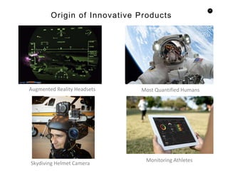 22
Augmented Reality Headsets Most Quantified Humans
Skydiving Helmet Camera
Monitoring Athletes
Origin of Innovative Products
 