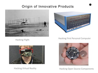 24
Origin of Innovative Products
Hacking Open Source Components
Hacking First Personal Computer
Hacking Virtual Reality
Hacking Flight
 