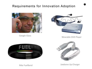 38
Requirements for Innovation Adoption
Google Glass
Wearable DVD Player
Nike FuelBand Jawbone Up Charger
 