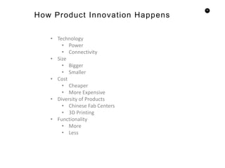 52
How Product Innovation Happens
• Technology
• Power
• Connectivity
• Size
• Bigger
• Smaller
• Cost
• Cheaper
• More Expensive
• Diversity of Products
• Chinese Fab Centers
• 3D Printing
• Functionality
• More
• Less
 