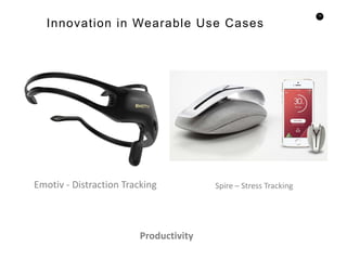 72
Innovation in Wearable Use Cases
Emotiv - Distraction Tracking Spire – Stress Tracking
Productivity
 