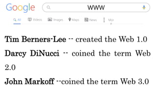 All
WWW
Images Maps News Mor
e
Videos
Google
Tim Berners-Lee -- created the Web 1.0
Darcy DiNucci -- coined the term Web
2.0
John Markoff --coined the term Web 3.0
 