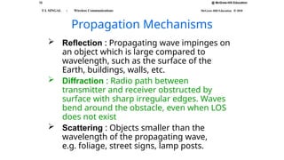 @ McGraw-Hill Education
12
T L SINGAL : Wireless Communications McGraw-Hill Education © 2010
Propagation Mechanisms
 Reflection : Propagating wave impinges on
an object which is large compared to
wavelength, such as the surface of the
Earth, buildings, walls, etc.
 Diffraction : Radio path between
transmitter and receiver obstructed by
surface with sharp irregular edges. Waves
bend around the obstacle, even when LOS
does not exist
 Scattering : Objects smaller than the
wavelength of the propagating wave,
e.g. foliage, street signs, lamp posts.
 