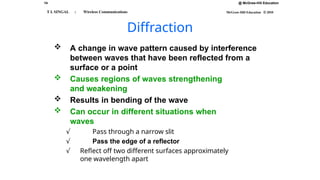 14 @ McGraw-Hill Education
McGraw-Hill Education © 2010
T L SINGAL : Wireless Communications
Diffraction
 A change in wave pattern caused by interference
between waves that have been reflected from a
surface or a point
 Causes regions of waves strengthening
and weakening
 Results in bending of the wave
 Can occur in different situations when
waves
√ Pass through a narrow slit
√ Pass the edge of a reflector
√ Reflect off two different surfaces approximately
one wavelength apart
 