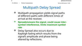 31 @ McGraw-Hill Education
McGraw-Hill Education © 2010
T L SINGAL : Wireless Communications
Multipath Delay Spread
 Multipath propagation yields signal paths
of different paths with different times of
arrival at the receiver.
 Spreads/smears the signal, could cause inter-
symbol interference, limits maximum symbol
rate
 Delay Spread also occurs due to
Rayleigh fading which results from the
signal’s amplitude and phase being
altered by reflections.
 