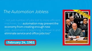 “…not just number of jobs lost to more efficient
machines, but automation may prevent the
economy from creating enough new
jobs…automation is beginning to move in and
eliminate service and office jobs too”
The Automation Jobless
- February 24, 1961
 