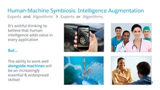Human-Machine Symbiosis: Intelligence Augmentation
​It’s wishful thinking to
believe that human
intelligence adds value in
every application
​But…
​The ability to work well
alongside machines will
be an increasingly
essential & widespread
skillset
​Experts and Algorithms > Experts or Algorithms
 