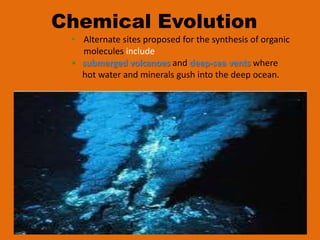 Chemical Evolution
 • Alternate sites proposed for the synthesis of organic
   molecules include
 • submerged volcanoes and deep-sea vents where
   hot water and minerals gush into the deep ocean.
 