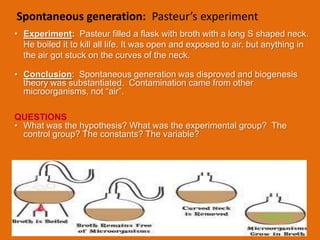 Spontaneous generation: Pasteur’s experiment
• Experiment: Pasteur filled a flask with broth with a long S shaped neck.
  He boiled it to kill all life. It was open and exposed to air, but anything in
  the air got stuck on the curves of the neck.

• Conclusion: Spontaneous generation was disproved and biogenesis
  theory was substantiated. Contamination came from other
  microorganisms, not “air”.

QUESTIONS
• What was the hypothesis? What was the experimental group? The
  control group? The constants? The variable?
 