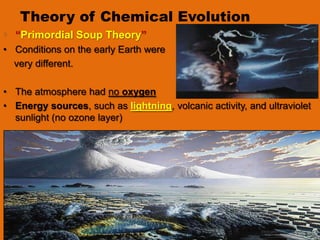 Theory of Chemical Evolution
  “Primordial Soup Theory”
• Conditions on the early Earth were
  very different.

• The atmosphere had no oxygen
• Energy sources, such as lightning, volcanic activity, and ultraviolet
  sunlight (no ozone layer)
 