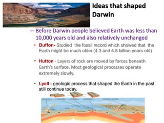 Ideas that shaped
                             Darwin

– Before Darwin people believed Earth was less than
  10,000 years old and also relatively unchanged
 • Buffon- Studied the fossil record which showed that the
   Earth might be much older.(4.3 and 4.5 billion years old)

 • Hutton - Layers of rock are moved by forces beneath
   Earth’s surface. Most geological processes operate
   extremely slowly.

 • Lyell - geologic process that shaped the Earth in the past
   still continue today.
 