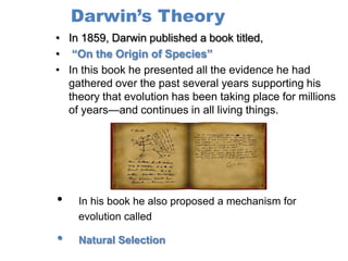 Darwin’s Theory
• In 1859, Darwin published a book titled,
• “On the Origin of Species”
• In this book he presented all the evidence he had
  gathered over the past several years supporting his
  theory that evolution has been taking place for millions
  of years—and continues in all living things.




•   In his book he also proposed a mechanism for
    evolution called

•   Natural Selection
 