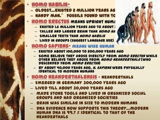 • Homo habilis-
  – Oldest…existed 2 million years ago
  – handy man.” fossils found with tools
• Homo erectus means upright human
   –   Existed 1.6 million years ago to about 200,000 years ago
   –   Taller and larger brain than Homo habilis
   –   Smaller teeth than Homo habilis
   –   Lived in groups (suggest language use) and used fire
• Homo sapiens- means wise human
  – Existed about 100,000 to 200,000 years ago
  – Some believe they arose directly from Homo erectus while
    other believe they arose from Homo Neanderthals (who
    descended from Homo erectus)
  – By about 40,000 years ago, H. sapiens were physically
    identical to modern humans
• Homo neanderthalensis - Neanderthals
 – Emerged in Germany 300,000 years ago
 – Lived till about 30,000 years ago
 – made stone tools and lived in organized social
    groups and had organized societies
 – Brain was similar in size to modern humans
 – DNA evidence now supports this theory…modern
    human DNA is 99.7 % identical to that of the
    Neanderthals
 