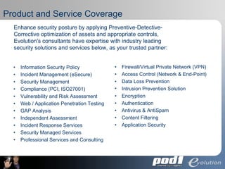Enhance security posture by applying Preventive-Detective-Corrective optimization of assets and appropriate controls, Evolution's consultants have expertise with industry leading security solutions and services below, as your trusted partner: Product and Service Coverage • Information Security Policy • Incident Management (eSecure) • Security Management  • Compliance (PCI, ISO27001) • Vulnerability and Risk Assessment • Web / Application Penetration Testing • GAP Analysis • Independent Assessment • Incident Response Services • Security Managed Services • Professional Services and Consulting • Firewall/Virtual Private Network (VPN) • Access Control (Network & End-Point) • Data Loss Prevention Intrusion Prevention Solution • Encryption • Authentication • Antivirus & AntiSpam • Content Filtering • Application Security 