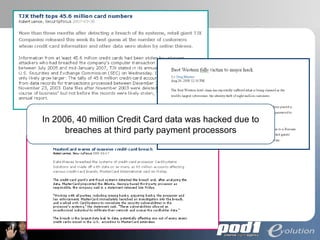 In 2006, 40 million Credit Card data was hacked due to  breaches at third party payment processors 