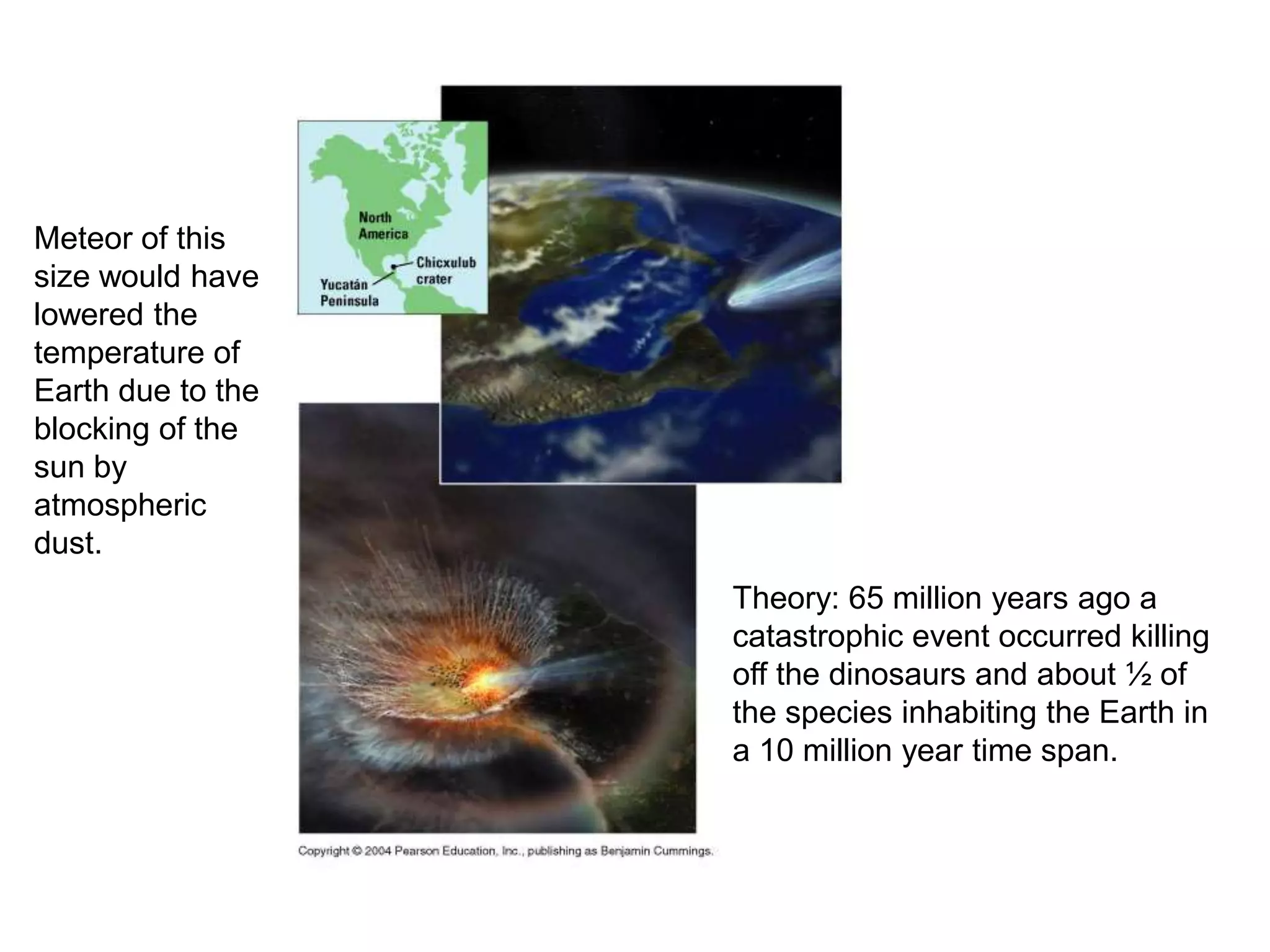 Meteor of this
size would have
lowered the
temperature of
Earth due to the
blocking of the
sun by
atmospheric
dust.
                   Theory: 65 million years ago a
                   catastrophic event occurred killing
                   off the dinosaurs and about ½ of
                   the species inhabiting the Earth in
                   a 10 million year time span.
 