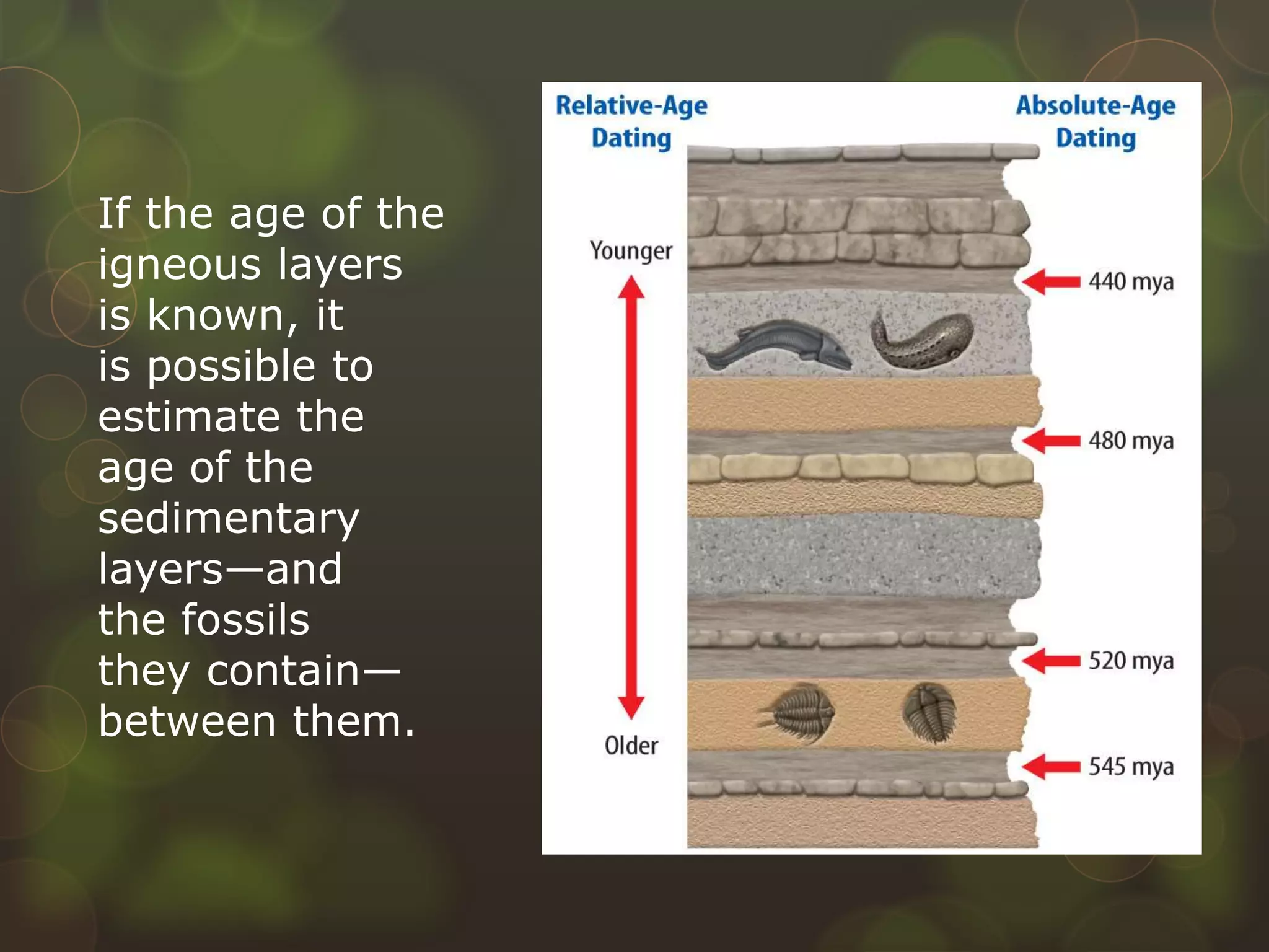 If the age of the
igneous layers
is known, it
is possible to
estimate the
age of the
sedimentary
layers—and
the fossils
they contain—
between them.
 