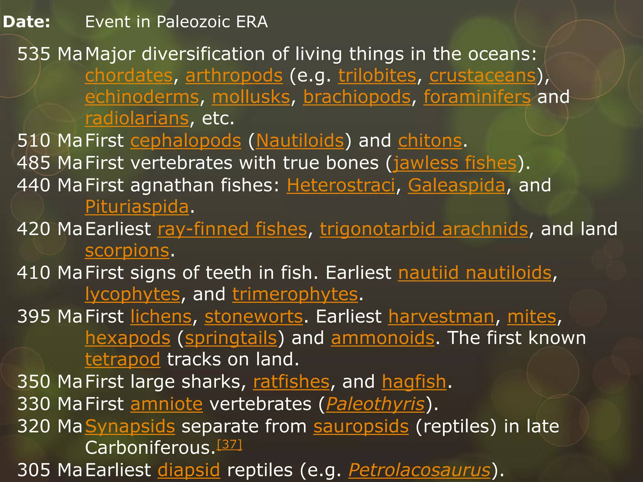 Date: Event in Paleozoic ERA
535 MaMajor diversification of living things in the oceans:
chordates, arthropods (e.g. trilobites, crustaceans),
echinoderms, mollusks, brachiopods, foraminifers and
radiolarians, etc.
510 MaFirst cephalopods (Nautiloids) and chitons.
485 MaFirst vertebrates with true bones (jawless fishes).
440 MaFirst agnathan fishes: Heterostraci, Galeaspida, and
Pituriaspida.
420 MaEarliest ray-finned fishes, trigonotarbid arachnids, and land
scorpions.
410 MaFirst signs of teeth in fish. Earliest nautiid nautiloids,
lycophytes, and trimerophytes.
395 MaFirst lichens, stoneworts. Earliest harvestman, mites,
hexapods (springtails) and ammonoids. The first known
tetrapod tracks on land.
350 MaFirst large sharks, ratfishes, and hagfish.
330 MaFirst amniote vertebrates (Paleothyris).
320 MaSynapsids separate from sauropsids (reptiles) in late
Carboniferous.[37]
305 MaEarliest diapsid reptiles (e.g. Petrolacosaurus).
 