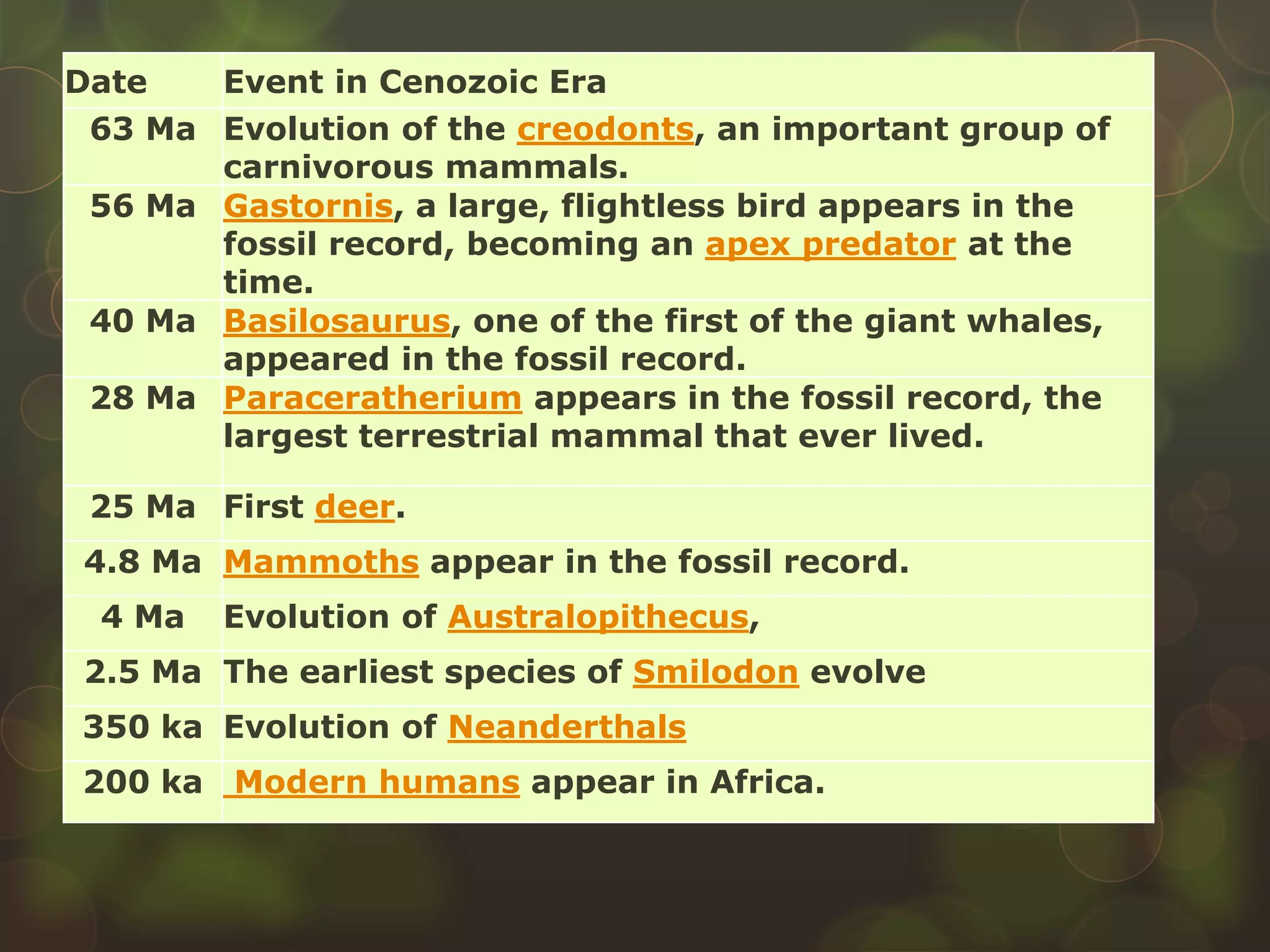 Date Event in Cenozoic Era
63 Ma Evolution of the creodonts, an important group of
carnivorous mammals.
56 Ma Gastornis, a large, flightless bird appears in the
fossil record, becoming an apex predator at the
time.
40 Ma Basilosaurus, one of the first of the giant whales,
appeared in the fossil record.
28 Ma Paraceratherium appears in the fossil record, the
largest terrestrial mammal that ever lived.
25 Ma First deer.
4.8 Ma Mammoths appear in the fossil record.
4 Ma Evolution of Australopithecus,
2.5 Ma The earliest species of Smilodon evolve
350 ka Evolution of Neanderthals
200 ka Modern humans appear in Africa.
 