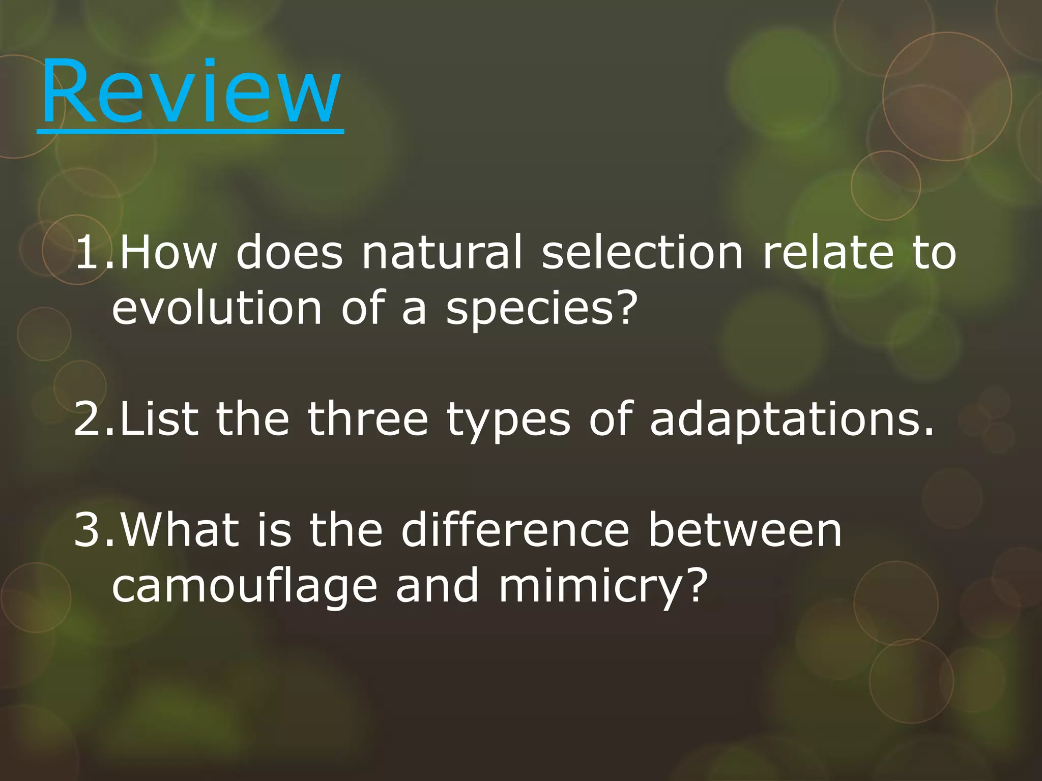 Review
1.How does natural selection relate to
evolution of a species?
2.List the three types of adaptations.
3.What is the difference between
camouflage and mimicry?
 