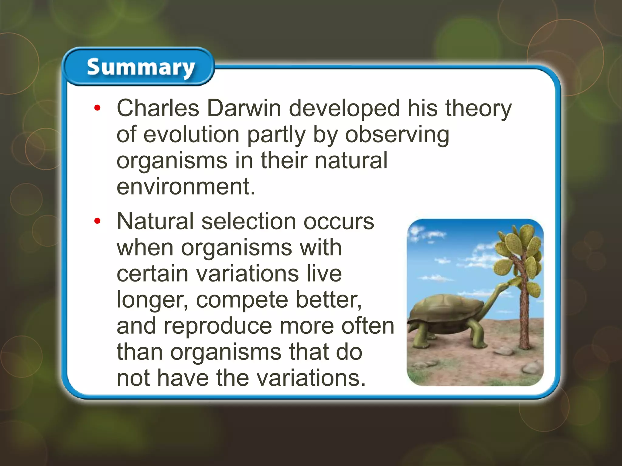 • Charles Darwin developed his theory
of evolution partly by observing
organisms in their natural
environment.
• Natural selection occurs
when organisms with
certain variations live
longer, compete better,
and reproduce more often
than organisms that do
not have the variations.
 
