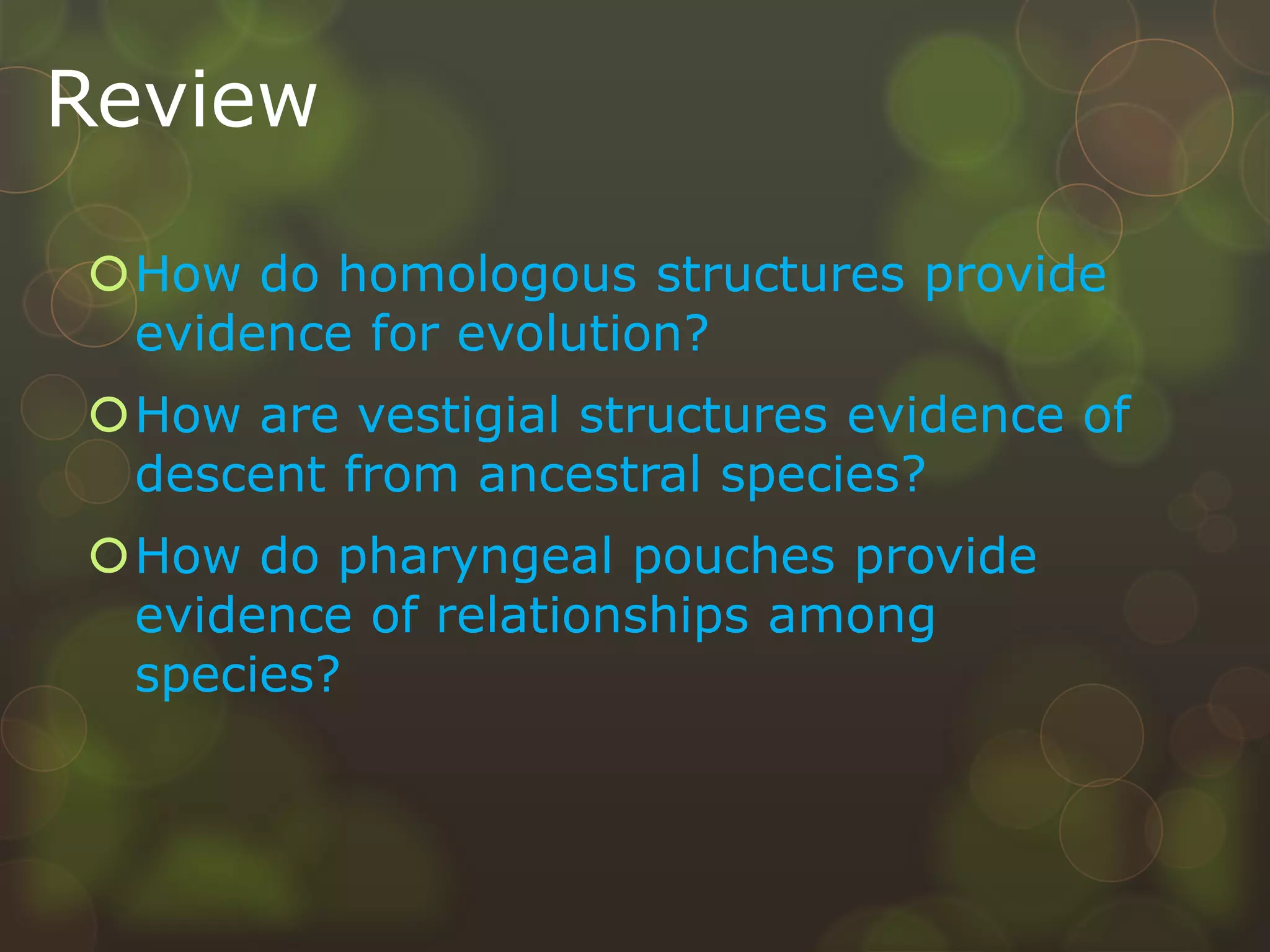 Review
How do homologous structures provide
evidence for evolution?
How are vestigial structures evidence of
descent from ancestral species?
How do pharyngeal pouches provide
evidence of relationships among
species?
 