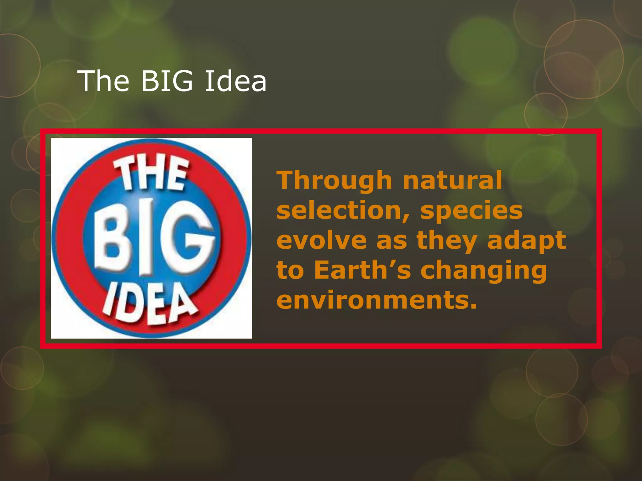 The BIG Idea
Through natural
selection, species
evolve as they adapt
to Earth’s changing
environments.
 