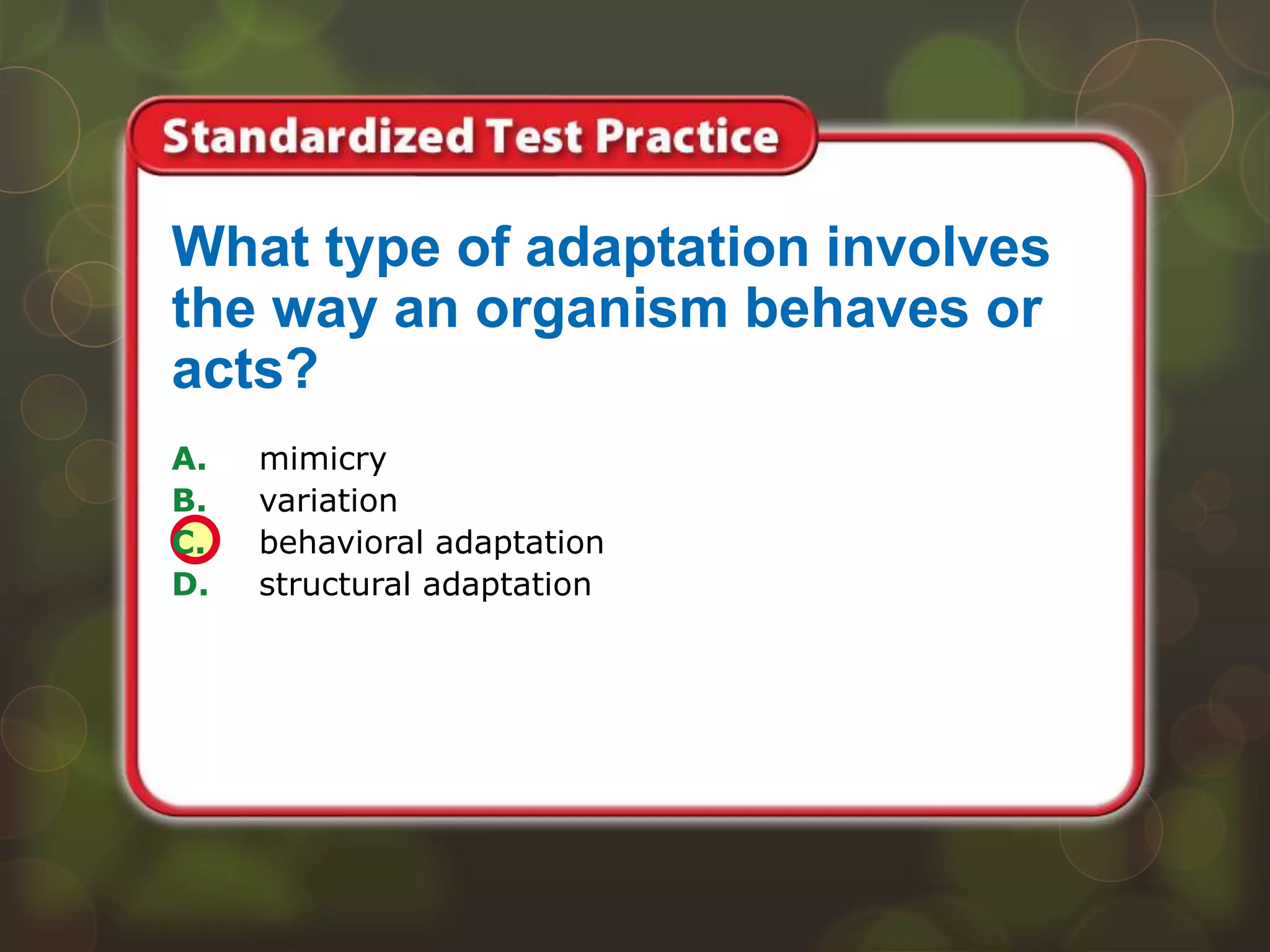 A. mimicry
B. variation
C. behavioral adaptation
D. structural adaptation
What type of adaptation involves
the way an organism behaves or
acts?
 