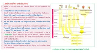 A BRIEF ACCOUNT OF EVOLUTION
evolution of plant forms through geological periods
• About 2000 mya the first cellular forms of life appeared on
Earth.
• Some of these cells could release O2.
• Slowly single-celled organisms became multi-cellular life forms.
• About 500 mya, invertebrates were formed and active.
• Jawless fish probably evolved around 350 mya. Seaweeds and a
few plants existed probably around 320 mya.
• We are told that the first organisms that invaded land were
plants.
• They were widespread on land when animals invaded the land.
• Fish with stout and strong fins could move on land and go back
to water. This was about 350 mya.
• In 1938, a fish caught in South Africa happened to be a
Coelacanth which was thought to be extinct. These animals
called lobefins evolved into the first amphibians that lived on
both land and water.
• these were ancestors of modern-day frogs and salamanders.
• The amphibians evolved into reptiles.
• They lay thick-shelled eggs that do not dry up in sun unlike those
of amphibians.
 