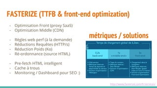 - Optimisation Front (proxy SaaS)
- Optimisation Middle (CDN)
- Règles web perf (à la demande)
- Réductions Requêtes (HTTP/s)
- Réduction Poids (Ko)
- Ré-ordonnance (source HTML)
- Pre-fetch HTML intelligent
- Cache à trous
- Monitoring / Dashboard pour SEO :)
FASTERIZE (TTFB & front-end optimization)
http://www.fasterize.com/fr/services/
métriques / solutions
 