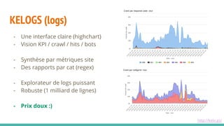 KELOGS (logs)
http://kelo.gs/
- Une interface claire (highchart)
- Vision KPI / crawl / hits / bots
- Synthèse par métriques site
- Des rapports par cat (regex)
- Explorateur de logs puissant
- Robuste (1 milliard de lignes)
- Prix doux :)
 