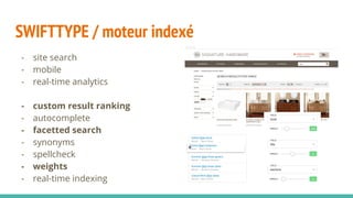 SWIFTTYPE / moteur indexé
- site search
- mobile
- real-time analytics
- custom result ranking
- autocomplete
- facetted search
- synonyms
- spellcheck
- weights
- real-time indexing
 