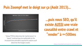 Puis Zoompf met le doigt sur ça (Août 2013)...
“Using TTFB to determine the "performance" or
"speed" could perhaps be explainable by the
increased time and effort required to capture such
data from the Google crawler.
https://zoompf.com/search-ranking-factors
...puis nous SEO, qu’il
existe AUSSI une vraie
causalité entre crawl et
“render” à =<500ms
 