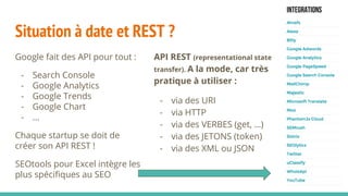 Situation à date et REST ?
Google fait des API pour tout :
- Search Console
- Google Analytics
- Google Trends
- Google Chart
- ...
Chaque startup se doit de
créer son API REST !
SEOtools pour Excel intègre les
plus spécifiques au SEO
API REST (representational state
transfer). A la mode, car très
pratique à utiliser :
- via des URI
- via HTTP
- via des VERBES (get, …)
- via des JETONS (token)
- via des XML ou JSON
 