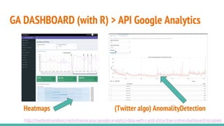 GA DASHBOARD (with R) > API Google Analytics
http://markedmondson.me/enhance-your-google-analytics-data-with-r-and-shiny-free-online-dashboard-template
Heatmaps (Twitter algo) AnomalityDetection
 