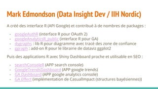 Mark Edmondson (Data Insight Dev / IIH Nordic)
A créé des interface R (API Google) et contribué à de nombres de packages :
- googleAuthR (interface R pour OAuth 2)
- googleAnalyticsR_public (interface R pour GA)
- dygraphs : lib R pour diagramme avec tracé des zone de confiance
- ggraph : add-on R pour le librairie de dataviz ggplot2
Puis des applications R avec Shiny Dashboard proche et utilisable en SEO :
- searchConsoleR (APP search console)
- GoogleTrendsDashboard (APP google trends)
- GA Dashboard (APP google analytics console)
- GA Effect (implémentation de CasualImpact (structures bayésiennes))
 