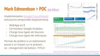 Mark Edmondson > POC GA Effect
Implémentation Google CasualImpact
(structures temporelles bayésiennes))
- WebApp en R
- Connecteur Google Analytics
- Charge tous types de Sources
- Charge tous types de métriques
Permet de prédire si un évènement
passé à un impact sur le présent.
ex : changement de balises <TITLE>
http://online-behavior.com/analytics/statistical-significance
http://markedmondson.me/finding-the-roi-of-title-tag-changes-using-googles-causalimpact-r-package
 