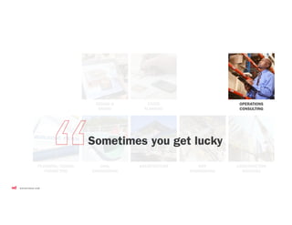 CONSTRUCTION
SERVICES
CIVIL
ENGINEERING
DESIGN &
BRAND
STORE
PLANNING
OPERATIONS
CONSULTING
PLANNING/ZONING
PERMITTING
MEP
ENGINEERING
ARCHITECTURE
Sometimes you get lucky
 
