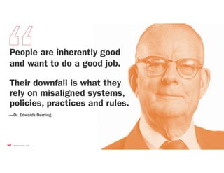 People are inherently good
and want to do a good job.
Their downfall is what they
rely on misaligned systems,
policies, practices and rules.
—Dr. Edwards Deming
 