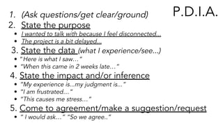 1. (Ask questions/get clear/ground)
2. State the purpose
• I wanted to talk with because I feel disconnected...
• The project is a bit delayed...
3. State the data (what I experience/see...)
• “Here is what I saw…”
• “When this came in 2 weeks late…”
4. State the impact and/or inference
• “My experience is...my judgment is...”
• “I am frustrated…”
• “This causes me stress…”
5. Come to agreement/make a suggestion/request
• “ I would ask…” “So we agree..”
P.D.I.A.
 
