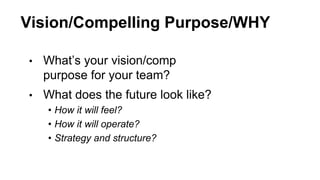 Vision/Compelling Purpose/WHY
• What’s your vision/comp
purpose for your team?
• What does the future look like?
• How it will feel?
• How it will operate?
• Strategy and structure?
 