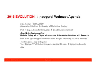 Confidential – © 2016 Equinix Inc. Equinix.com 7
2016 EVOLUTION :: Inaugural Webcast Agenda
Introduction—EVOLUTION
Moderator: Eric Pan, Sr. Director of Marketing, Equinix
Poll: IT Dependency for Innovation & Cloud Implementation?
Cloud 2.0—Customers First
Michelle Bailey, VP of Digital Infrastructure & Datacenter Initiatives, 451 Research
Poll: What type of application workloads are you deploying in Cloud Models?
The Interconnected Enterprise
Tony Bishop, VP of Global Enterprise Vertical Strategy & Marketing, Equinix
Q&A
 